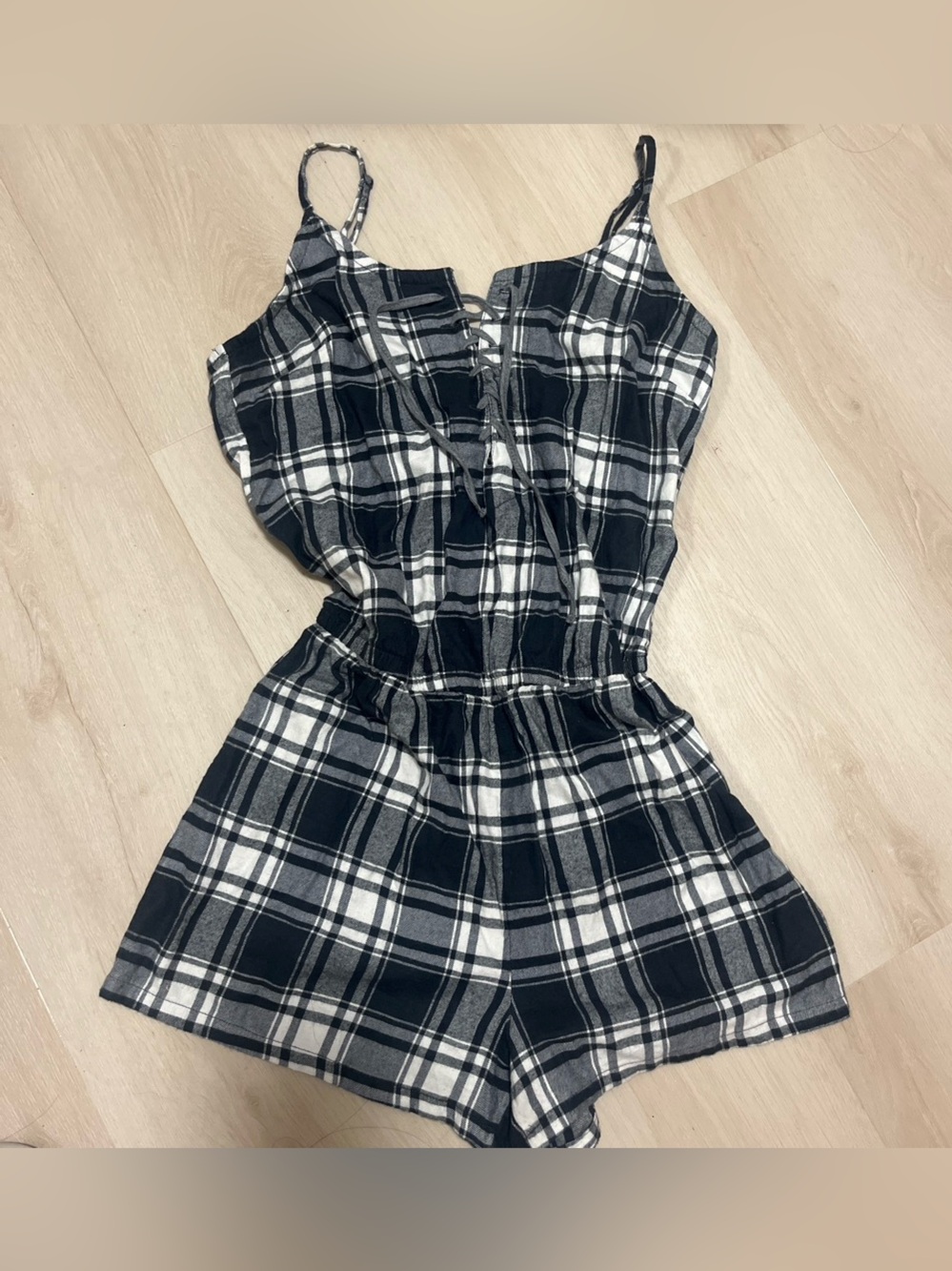 aerie Black & White Plaid Romper with Drawstring Waist